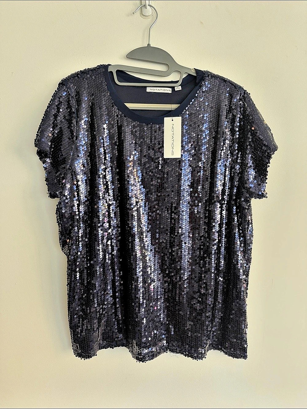 Notations Sequin Short Sleeve Top Black & Blue XL